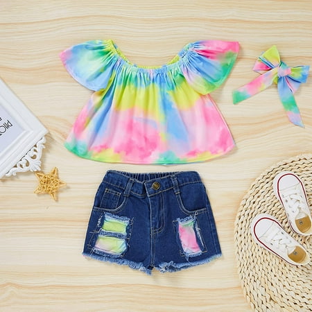 HBER 1-7T Baby Little Girls Summer Clothes Off Shoulder Ruffles Top Ripped Jeans Shorts 2Pcs Outfits Sets HBER 1-7T Baby Little Girls Summer Clothes Off Shoulder Ruffles Top Ripped Jeans Shorts 2Pcs Outfits Sets